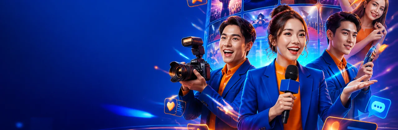 Banner xu hướng giải trí 89bet với bảng tin neon và nhân vật phóng viên