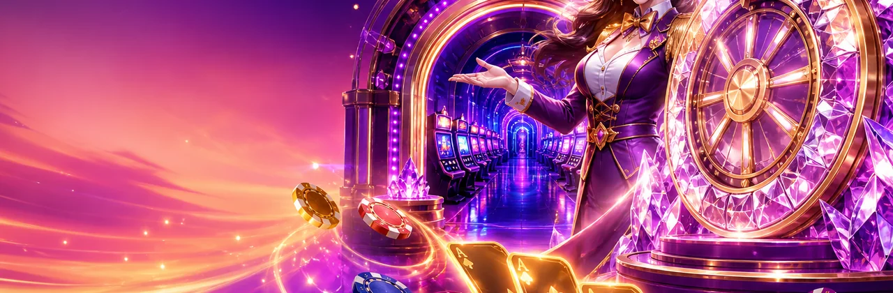 Banner sảnh game nhiều màu với vòng quay pha lê và cổng arcade